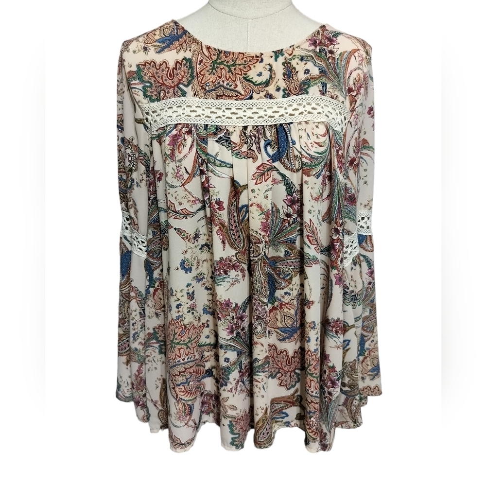 2428) Janette Plus Multicolor Lace Paisley Long Bell Sleeve Blouse Size 2X